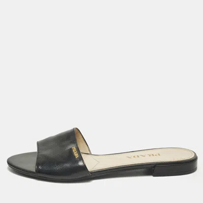 Pre-owned Prada Size 37.5 Black Saffiano Leather Flat Slide