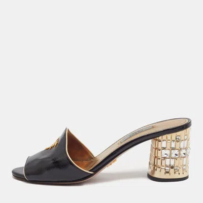 Pre-owned Prada Size 37.5 Black Saffiano Leathercrystal Embellished Block Heel Slide Sandals