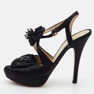 Pre-owned Prada Size 37.5 Black Satin Floral Embellished Platform Sandals