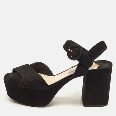 Pre-owned Prada Size 37.5 Black Suede Ankle Strap Sandals