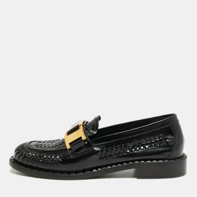 Pre-owned Prada Size 37.5 Black Woven Leather Gold Buckle Loafers