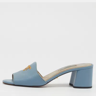 Pre-owned Prada Size 37.5 Blue Saffiano Leather Slide Sandals