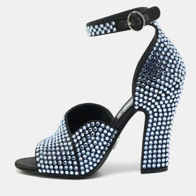 Pre-owned Prada Size 37.5 Blue Satin And Crystal Embellished Ankle Strap Sandals