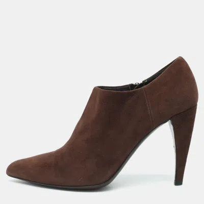 Pre-owned Prada Size 37.5 Brown Suede Heel Booties