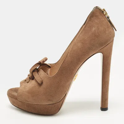 Pre-owned Prada Size 37.5 Brown Suede Platform Pumps