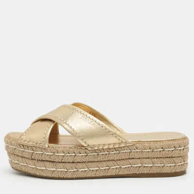 Pre-owned Prada Size 37.5 Gold Leather Cross Strap Espadrille Platform Slides