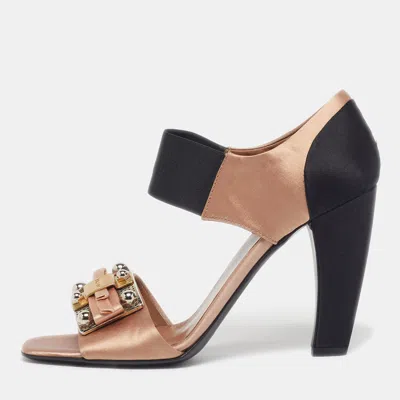 Pre-owned Prada Size 37.5 Gold/black Satin Embellished Ankle Strap Sandals