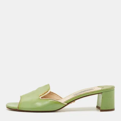 Pre-owned Prada Size 37.5 Green Saffiano Leather Slide Sandals
