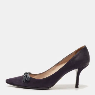 Pre-owned Prada Size 37.5 Navy Blue Suede Bow Pointed Toe Pumps