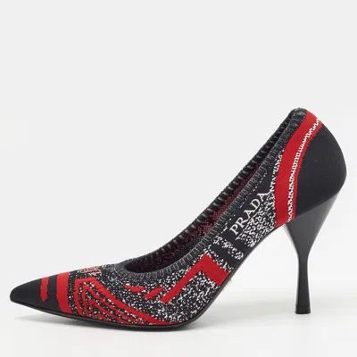 Pre-owned Prada Size 37.5 Navy Red/black Knit Fabric Pointed Toe Pumps