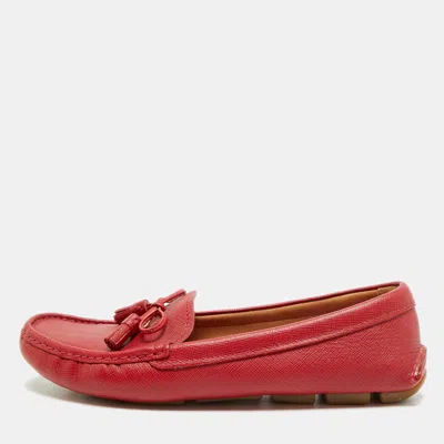 Pre-owned Prada Size 37.5 Red Saffiano Leather Bow Loafers