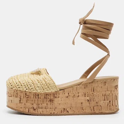 Pre-owned Prada Size 38 Beige Raffia Ankle Wrap Wedge Cork Sandals