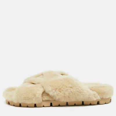 Pre-owned Prada Size 38 Beige Shearling Criss Cross Flat Slide In Sand