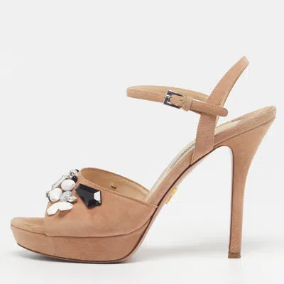 Pre-owned Prada Size 38 Beige Suede Crystal Embellished Ankle Strap Sandals