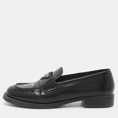 Pre-owned Prada Size 38 Black Brushed Leather Loafers