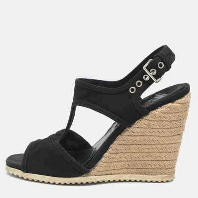 Pre-owned Prada Size 38 Black Fabric Slingback Wedge Sandals