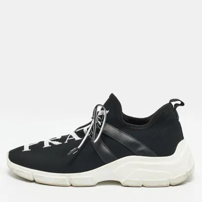 Pre-owned Prada Size 38 Black Knit Fabric Logo Lace Up Low Top Sneakers
