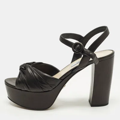 Pre-owned Prada Size 38 Black Leather Platform Ankle Strap Sandals