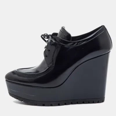 Pre-owned Prada Size 38 Black Leather Platform Wedge Lace Up Derby