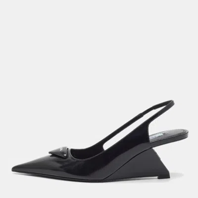 Pre-owned Prada Size 38 Black Leather Wedge Slingback Pumps
