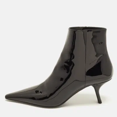 Pre-owned Prada Size 38 Black Patent Leather Slanted Heel Pointed Toe Ankle Length Boots