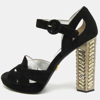 Pre-owned Prada Size 38 Black Suede Crystal Embellished Block Heel Ankle Strap Sandals