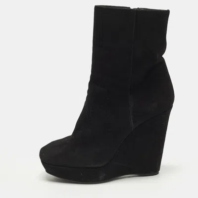Pre-owned Prada Size 38 Black Suede Wedge Ankle Length Boots