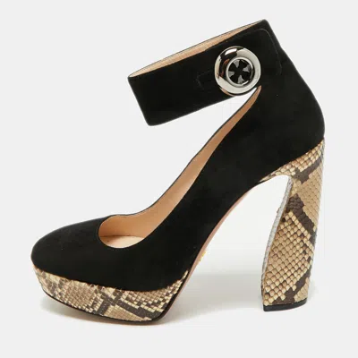 Pre-owned Prada Size 38 Black/brown Python Leather And Suede Platform Ankle Strap Pumps