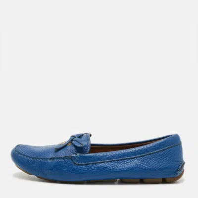 Pre-owned Prada Size 38 Blue Leather Bow Loafers