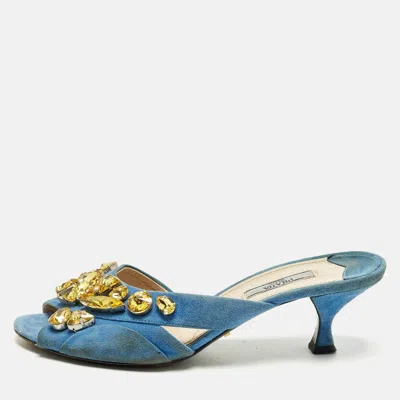 Pre-owned Prada Size 38 Blue Suede Crystal Embellished Slide Sandals