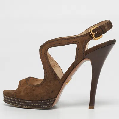Pre-owned Prada Size 38 Brown Suede Ankle Strap Sandals