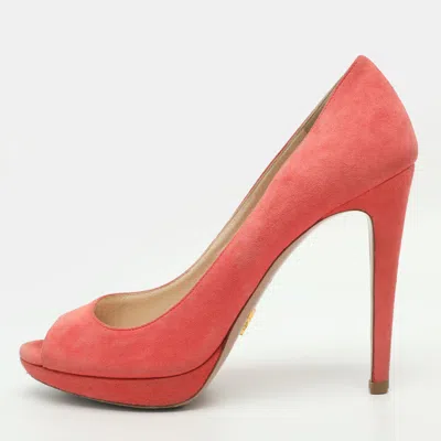 Pre-owned Prada Size 38 Coral Suede Peep Toe Platform Pumps In Orange