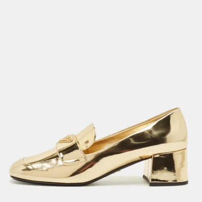 Pre-owned Prada Size 38 Gold Leather Loafers Pumps