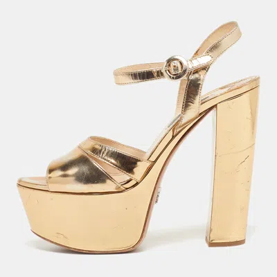 Pre-owned Prada Size 38 Gold Patent Leather Platform Ankle Strap Sandals