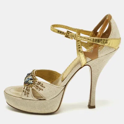 Pre-owned Prada Size 38 Gold/grey Canvas And Metallic Leather T-strap Sandals