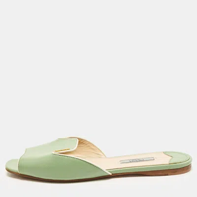 Pre-owned Prada Size 38 Green Saffiano Leather Flat Slide