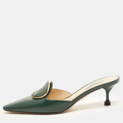 Pre-owned Prada Size 38 Green Saffiano Leather Slide Mules