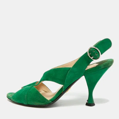 Pre-owned Prada Size 38 Green Suede Criss Cross Open Toe Slingback Sandals