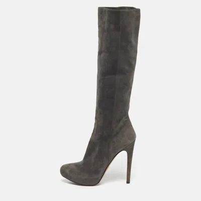 Prada Size 38 Grey Suede Platform Knee Length Boots In Gray