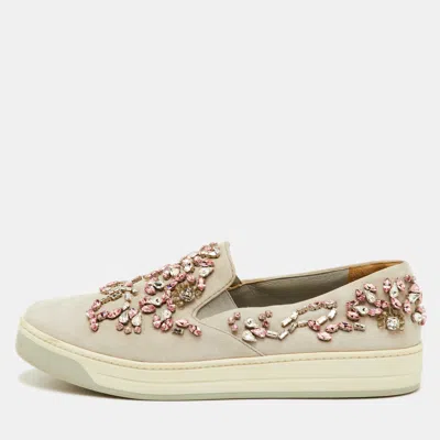 Pre-owned Prada Size 38 Light Grey Suede Crystal Embellished Slip On Sneakers In Gray