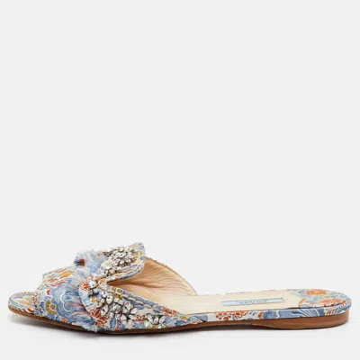 Pre-owned Prada Size 38 Multicolor Brocade Fabric Crystal Embellished Flat Slide Sandals