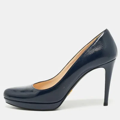 Pre-owned Prada Size 38 Navy Blue Patent Leather Platform Pumps