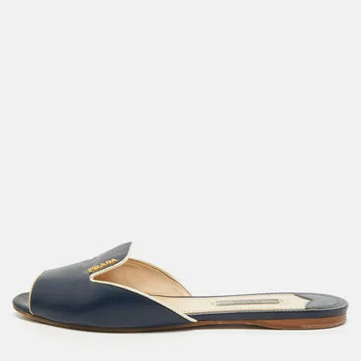 Pre-owned Prada Size 38 Navy Blue Saffiano Leather Flat Slide Sandals