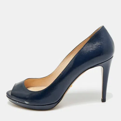 Pre-owned Prada Size 38 Navy Blue Saffiano Leather Platform Peep Toe Pumps