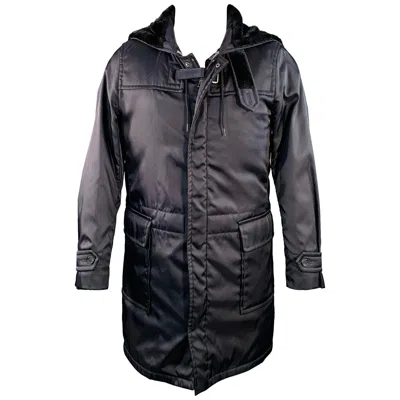 Pre-owned Prada Size 38 Navy Polyester Hooded Zip Snaps Jacket In Blue