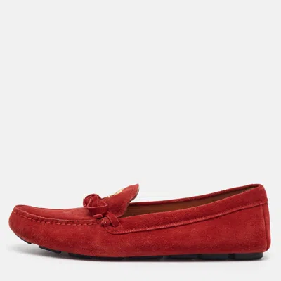 Pre-owned Prada Size 38 Red Suede Logo Bow Loafers
