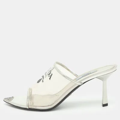 Pre-owned Prada Size 38 Transparent/silver Patent Leather And Logo Print Pvc Mules