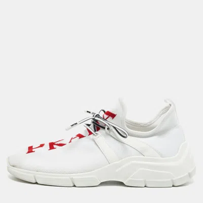 Pre-owned Prada Size 38 White Knit Fabric And Leather Logo Low Top Sneakers
