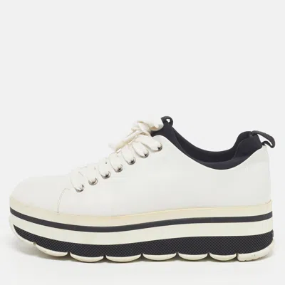 Pre-owned Prada Size 38 White/black Leather Platform Lace Up Sneakers