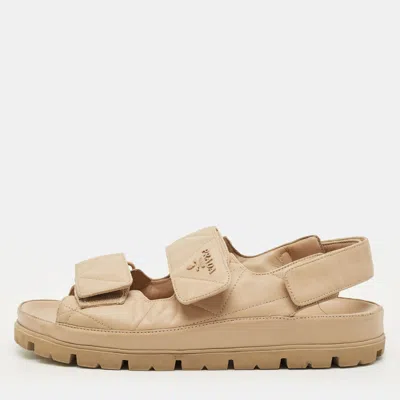 Pre-owned Prada Size 38.5 Beige Leather Velcro Slide Sandals